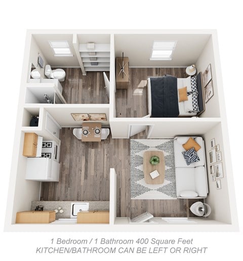 Floor plan for 1 bed, 1 bath, 400 sqft